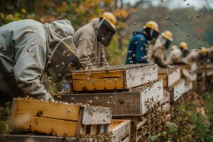 Beekeepers tending to beehives on a bee farm